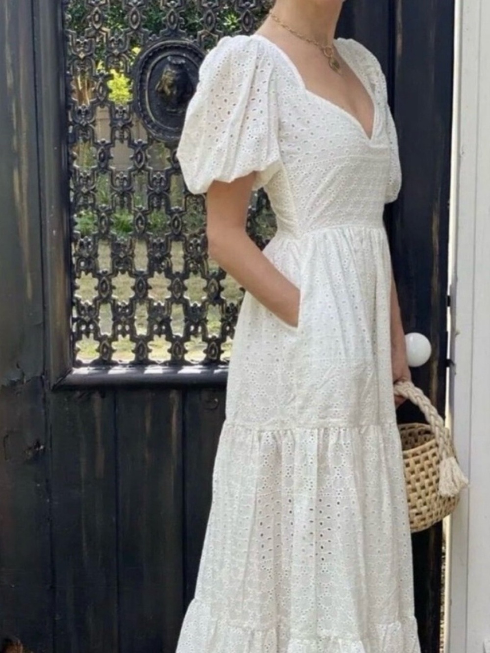 Mille Maja White Eyelet Tiered Maxi Dress with Puff Sleeves, Women's Small, $354